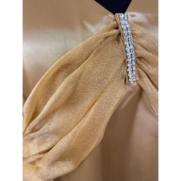 Vintage 60's Gold Satin Organza Formal Dress Rhinestones Bow Back M/L - Picture 13 of 16